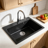 Évier de cuisine moderne à montage par le haut, noir, 31 pouces, à un trou, OEM/ODM, évier simple en quartz composite et granit, 31*20*8 pouces