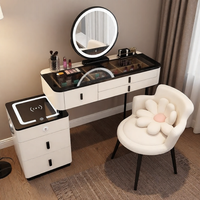 Meuble intelligent moderne : Coiffeuse Princesse avec miroir éclairé pliable, chaise et meuble de rangement en bois pour salle de bain