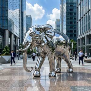Escultura de Elefante de Acero Inoxidable, Diseño Geométrico Facetado Impresionante, Decoración Tradicional Moderna para Jardín, Parque o Plaza - Product Image 1