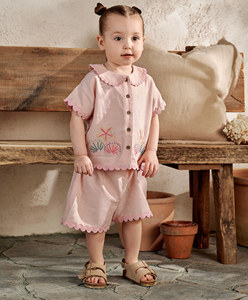 Conjunto de Ropa para Bebé Niña con Cuello Peter <span class=keywords><strong>Pan</strong></span>, Bordado de Conchas y Borde Festoneado, Mezcla de Algodón y <span class=keywords><strong>Lino</strong></span> - Product Image 2