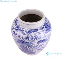 RZPI87-A  Pot de fleurs en céramique bleu et blanc antique à motif de poisson et d'algues, vases Olla De Ceramic, décoration d'intérieur