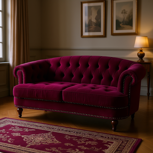 Sofá de Dos Plazas Chesterfield Victoriano La Rosa, Tapizado en Terciopelo Borgoña, con Mechones, para Sala de Estar - Product Image 2