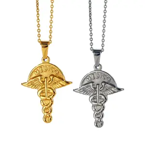 双蛇Caduceus吊坠饰品不锈钢医疗辅助标志天使之翼医疗医生护士项链