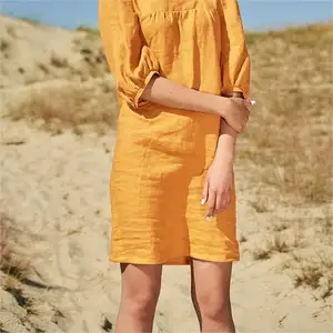 Korean Women Casual Simple Half Short Puff Sleeve Square Collar Loose Dress Yellow Summer Cotton Linen Mini Dresses 2024 Low MOQ