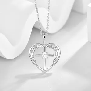 Christmas Jesus Zircon Jewelry 925 Sterling Silver Angel Wing Cross Love Heart Pendant Necklace For Family