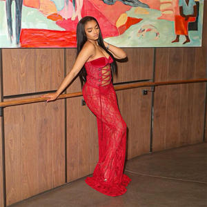 C0970 Nuovo <span class=keywords><strong>Abito</strong></span> Lungo Invernale da Donna <span class=keywords><strong>Senza</strong></span> <span class=keywords><strong>Spalline</strong></span> con Pizzo Trasparente Sexy <span class=keywords><strong>Rosso</strong></span> - Product Image 2