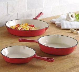 Kitchen Red <strong>Enamel</strong> Coating Cast Iron <strong>Frying</strong> <strong>Pan</strong> Flat Set With Long Handle - Product Image 1