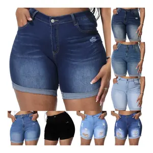 Plus-size denim shorts Women's high-waisted ripped denim shorts with folded hem