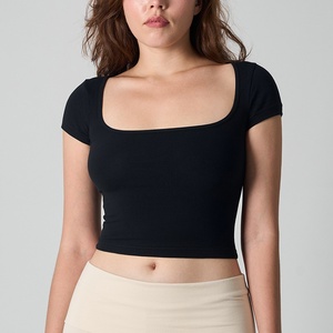 Camiseta <span class=keywords><strong>de</strong></span> algodón y elastano para <span class=keywords><strong>mujer</strong></span>, cuello redondo, corte ajustado, top corto <span class=keywords><strong>de</strong></span> cuello cuadrado, manga corta, sexy, cintura ajustada, color liso, camiseta básica <span class=keywords><strong>de</strong></span> verano - Product Image 4