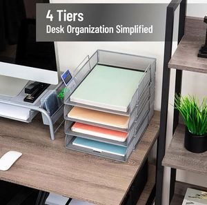 Desktop Tray <b>File</b> Rack Modern Metal Vertical <b>Document</b> <b>File</b> Separation Holder Office 4-Layer Book Letter Paper Shelf - Product Image 3