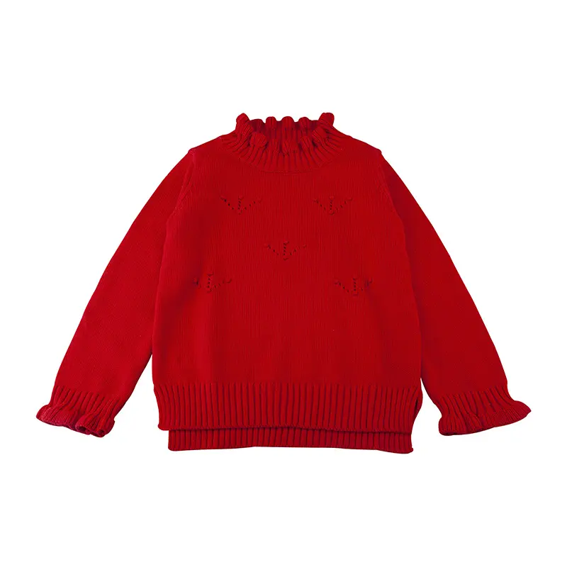 latest design trendy kid girls 100%cotton ruffled collar red color christmas sweaters