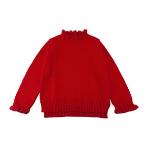 Chandail de noël en coton pour enfants filles, col à volants, couleur rouge, nouveau design tendance, 100%