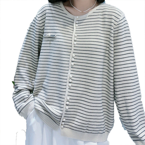 Cardigan en tricot de coton pour femme, style printemps-automne, rayé, polyvalent, décontracté, couleur contrastée, veste rétro, pull décontracté - Product Image 4