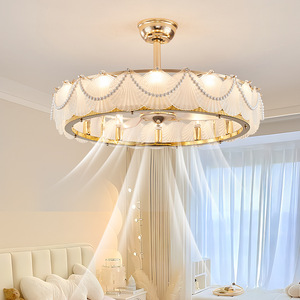 Ventilateur de plafond <span class=keywords><strong>vintage</strong></span> français avec plumes, coquillages et perles, 2-en-<span class=keywords><strong>1</strong></span> avec lampe LED, luminaire décoratif silencieux - Product Image 1