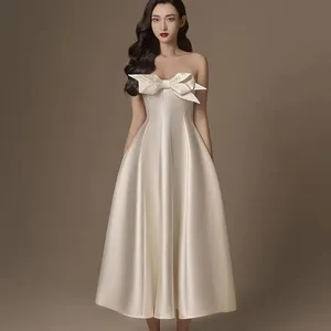 Spot goods socialite style tube top sexy small dress female Vietnamese designer three-dimensional bow suspenders satin dress