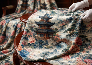 Tela Elegante Inspirada en el Estilo Chinoiserie para Tapicería de Muebles, Decoración de Hogar de Lujo y Diseño de Interiores en Terciopelo Holandés - Product Image 1