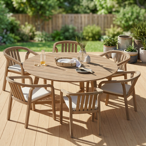 Teak Solid Wood Outdoor <b>Round</b> Dining <b>Table</b> Set with Cushions Minimalist Design Patio Furniture for <b>Garden</b> Backyard - Product Image 2