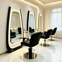 Miroir de salon moderne minimaliste en cuir, sur pied, avec éclairage LED, pour coiffure, beauté, permanente et coloration
