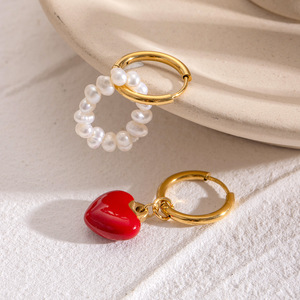 Stainless Steel Heart Pendant Earrings Gold Plated Red Charm Fashion Jewelry Gift For Women - Product Image 4