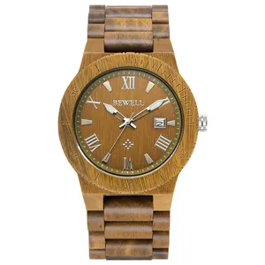 Grande promotion ventes Bewell fait à la main Mans montre en bois montre cadeau à quartz avec fenêtre de date Alibaba moins cher montre en bois pour hommes