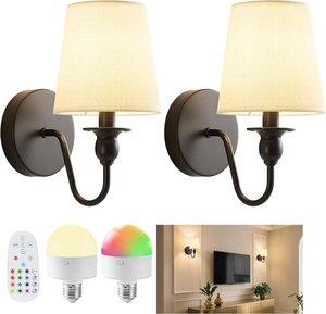 Applique murale scandinave moderne en cuivre avec abat-jour en tissu beige, ampoule LED blanc chaud 3500K, télécommande, E26, pour chambre à coucher, CRI90 - Product Image 5