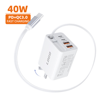 Chargeur rétractable 40W mis à jour en 2026, adaptateur de voyage 4 ports, charge rapide, chargeur mural pliable PD avec câbles Type C de 2,6 pieds