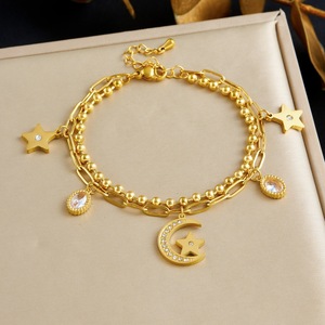 Star <b>Moon</b> Charm <b>Bracelet</b> Gold Plated Zinc Alloy Double Layer Pendant Jewelry Gift - Product Image 1