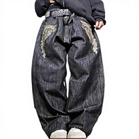 Jean en denim brut noir oversize pour homme, coupe baggy, broderie Phénix, jambe large, style vintage gothique streetwear
