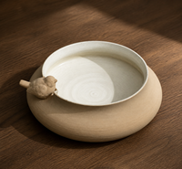 Bol décoratif en céramique motif oiseau, beige sable texturé, avec intérieur émaillé blanc, pour centre de table