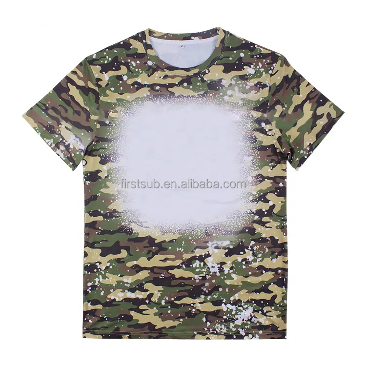Logo Printing Polyester Cotton Feel T Shirts Sublimation Camouflage Design Faux Bleached T Shirt