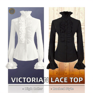 Costume victorien pour femme, chemisier à <span class=keywords><strong>jabot</strong></span>, dentelle plissée, col haut, manches longues, coupe ajustée, boutons, haut formel pour Halloween, pirate - Product Image 2