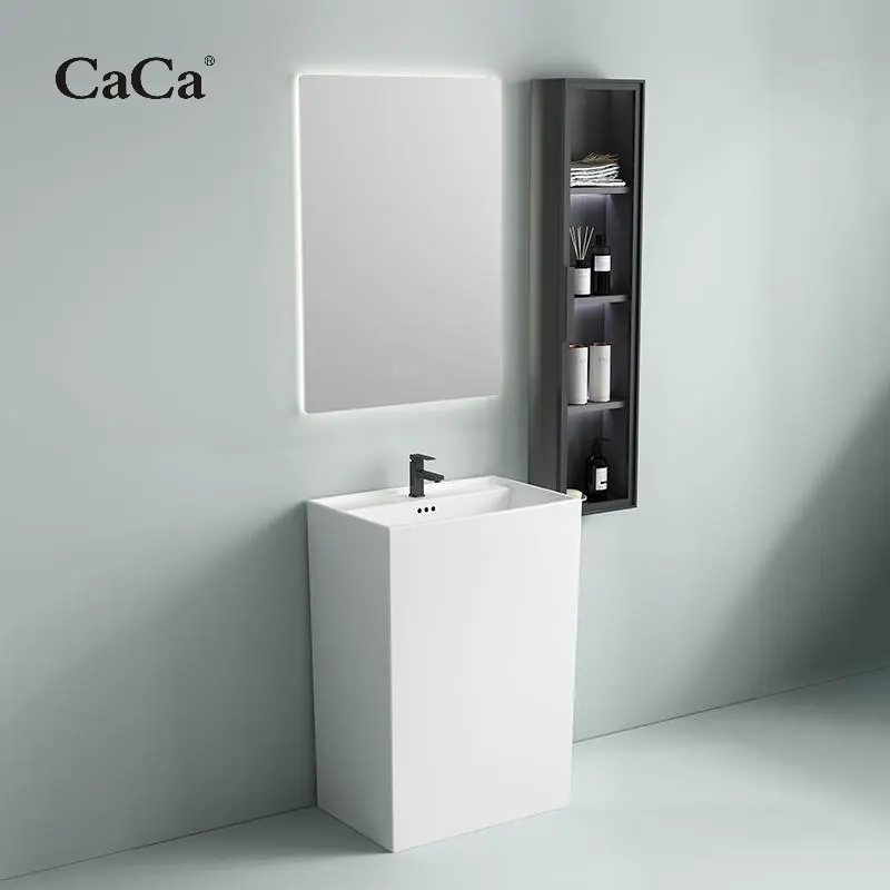 CaCa Wholesale One Piece Floor Stand Bathroom Sinks Hotel White Ceramic Pedestal Basin with smart mirror and cabinet