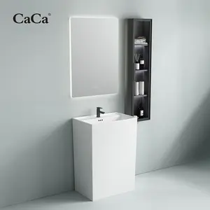 CaCa Wholesale 1 Piece Floor Stand Bathroom Sinks Hotel White Ceramic Pedestal Basin With Smart Mirror And Cabinet