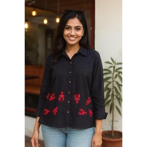 Camisa holgada de algodón negro a rayas con cuello vuelto para mujer |   Ropa Casual con Contraste de Color - Product Image 1