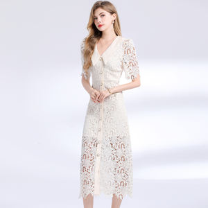 Robe midi élégante en dentelle de style français, col rabattu, respirante, lavable, de haute qualité, collection été-automne 2025 Candice - Product Image 2