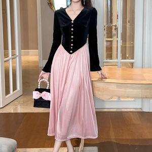 Zyht 21563 האביב החדש האביב החורף רטרו אופנה מקסי קטיפה קו אלגנטי ארוך נשים ורוד שחור חרוזים שמלה - Product Image 2