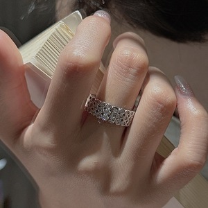 S925 Pure Silver Full Set Round Zirconia <b>Ring</b> Niche Design Simple Medieval Vintage English Letter <b>Opening</b> Claw Inlay Technology - Product Image 2