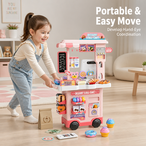 89 pièces Chariot de jeu de supermarché pour enfants, <span class=keywords><strong>avec</strong></span> <span class=keywords><strong>caisse</strong></span> <span class=keywords><strong>enregistreuse</strong></span>, scanner, sons et lumières, <span class=keywords><strong>jouet</strong></span> éducatif STEM, thème stand de desserts, 3+ - Product Image 4