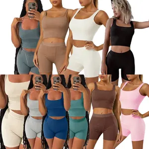 2024 Women'S Summer Hot Sale Solid Color Striped Knit Sexy Crop Top High Waisted Hip Lift Shorts Casual Two-Piece Set