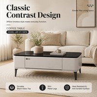 Table basse de salon moderne de luxe la plus vendue, avec pieds métalliques contrastants, finition brillante, rangement intégré et plateau en verre trempé
