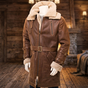Men's Genuine <b>Leather</b> <b>Long</b> Winter <b>Jacket</b> With Fur Lining Zipper Closure Belted Moto Style - Product Image 4