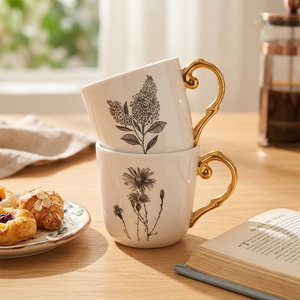 Light Luxury European Style <b>Small</b> Porcelain Coffee Mug Set Golden Handle Rustic Plant Sunflower Design Microwave Dishwasher <b>Safe</b> - Product Image 2