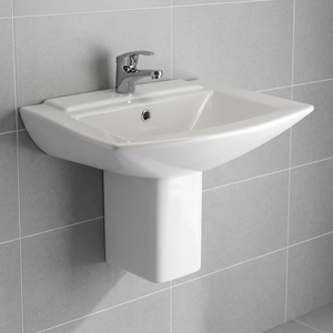 Vistaar Lavabo en céramique blanche à demi-pied, de forme carrée, design export pour centres commerciaux et villas - Product Image 1