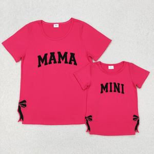 Vente en gros de tenues assorties maman et moi, t-shirts mignons avec broderie de lettres et nœud, tenues assorties maman et mini - Product Image 1