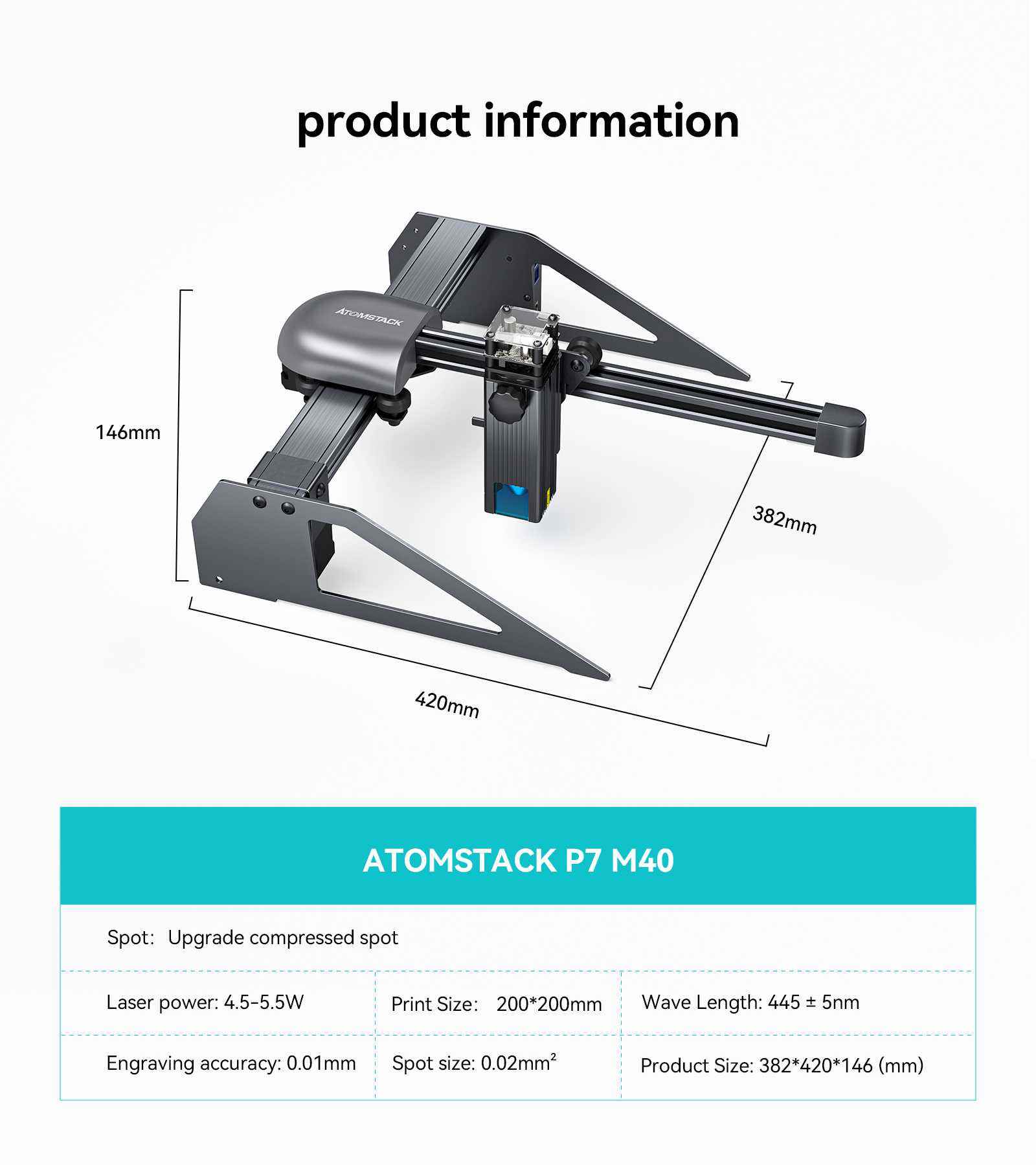 ATOMSTACK P7 PRO 40W ポータブルレーザー彫刻機 200*200MM Z高さ調整