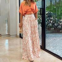 Setelan pakaian wanita dua potong, setelan baju Crop berkancing setengah lengan + celana kaki lebar motif, Set pakaian musim semi dan panas