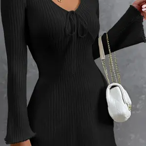 높은 허리 섹시한 숙녀 패션 여성 넥타이 앞 flounce 긴 소매 스웨터 미니 원피스