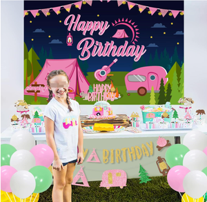 Guirlande de bannière suspendue pour fête d'anniversaire de fille, thème <span class=keywords><strong>camping</strong></span>, décoration de fond, affiche, ballons en latex à hélium, décorations de gâteaux et cupcakes - Product Image 3