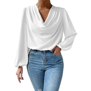 Camicetta da <span class=keywords><strong>donna</strong></span> in chiffon con scollo a V, maniche lunghe, vestibilità ampia, drappeggiata, casual, tipo tunica - Product Image 6