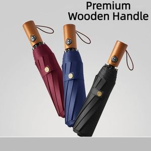 Parapluie automatique pliant en trois sections avec manche en bois et logo personnalisé, revêtement noir, 10 baleines, pour voyages d'affaires, coffret cadeau d'entreprise - Product Image 2